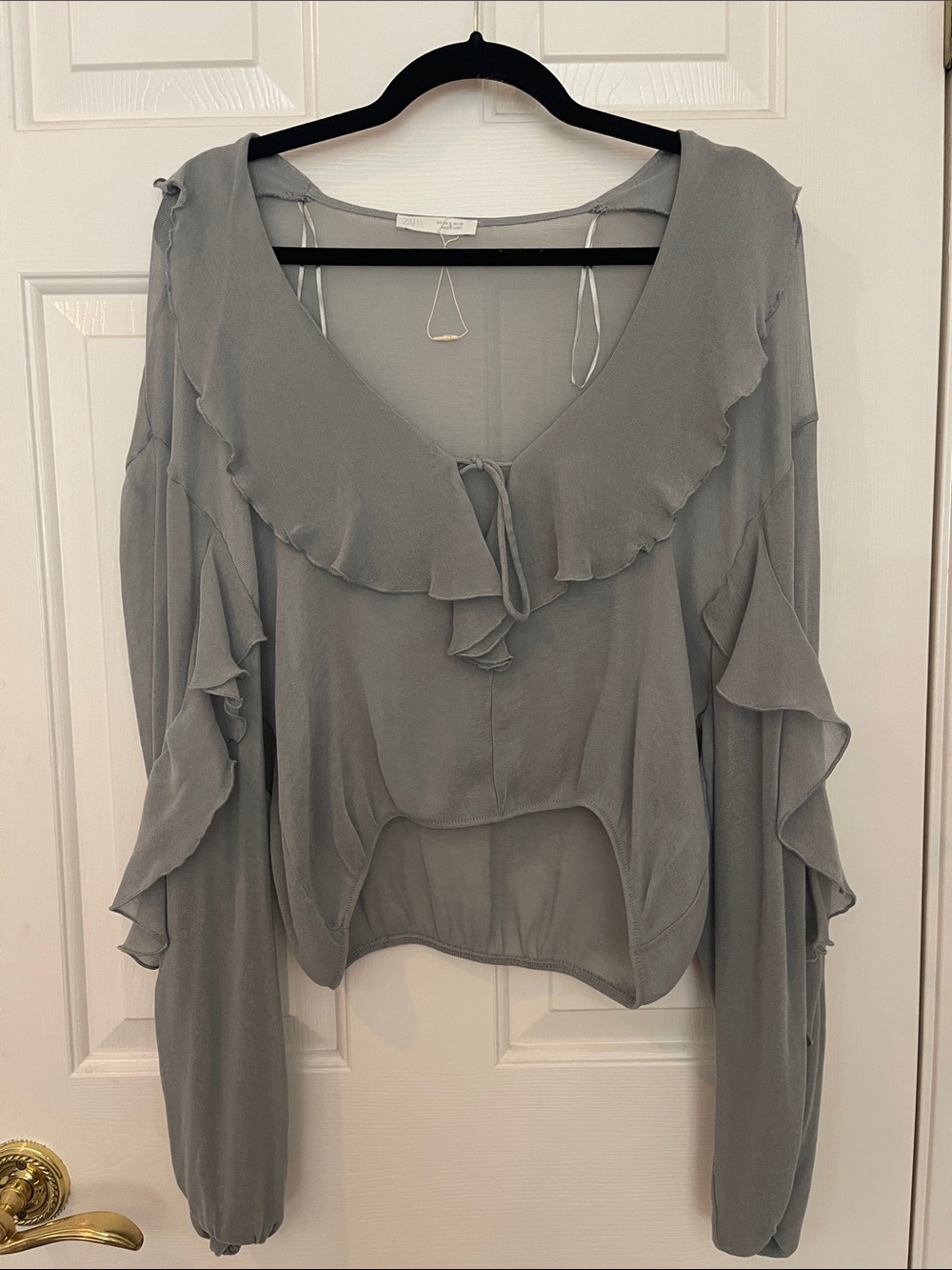 Zara Light Gray Ruffle Tie-Front Blouse